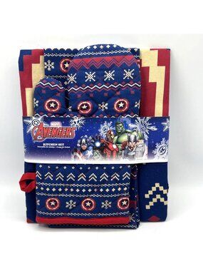 Marvel Avengers Kitchen Set 3 Pc Apron Oven Mitt Dish Towel Red Blue